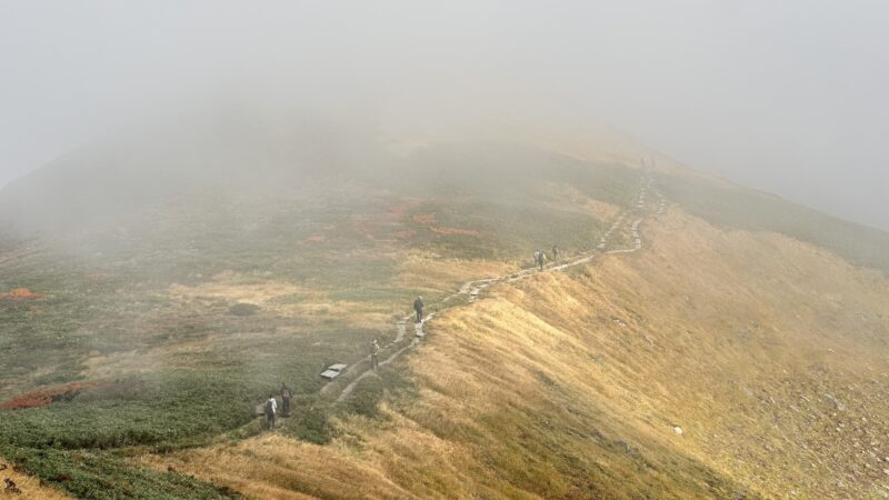 霧に包まれた月山の稜線と登山道
